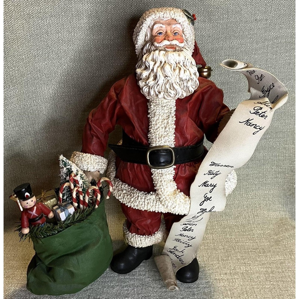 Possible Dreams Clothtique Santa Figurine with List and Toy Bag 10.5 Inch Boxed